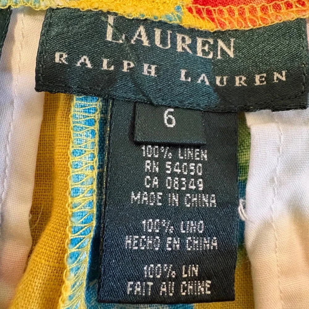 Lauren Ralph Lauren Shorts Womens 6 Yellow Floral Tropical 100% Linen High Rise